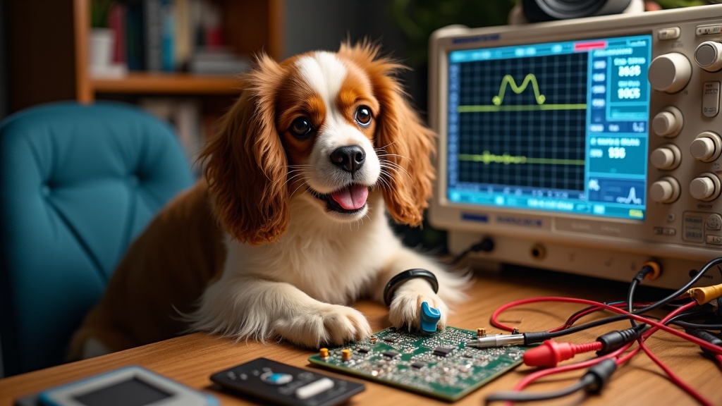 A fluffy Cavalier King Charles Spaniel is sitting in a chair, skillfully holding a soldering iron. The dog is surrounded by various wires, circuit boards, and electronic tools laid out on a desk. Nearby, oscilloscopes and multimeters are displaying different signals, suggesting a tech environment. The scene captures a humorous yet affectionate interaction between the pet and the electronics setup. Soft lighting envelops the setting, highlighting the dog's expressive face and blending themes of technology and companionship.