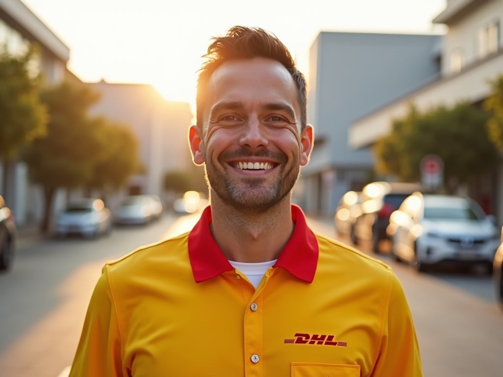 The image captures a happy delivery person in a DHL uniform standing confidently on a city street. He has a warm smile and is facing the camera, with a backdrop of cars and buildings bathed in golden hour light. The uniform features bright yellow and red colors, symbolizing the DHL brand. The scene conveys a sense of reliability and approachability in delivery services. The overall atmosphere feels positive and inviting, suitable for a marketing campaign.