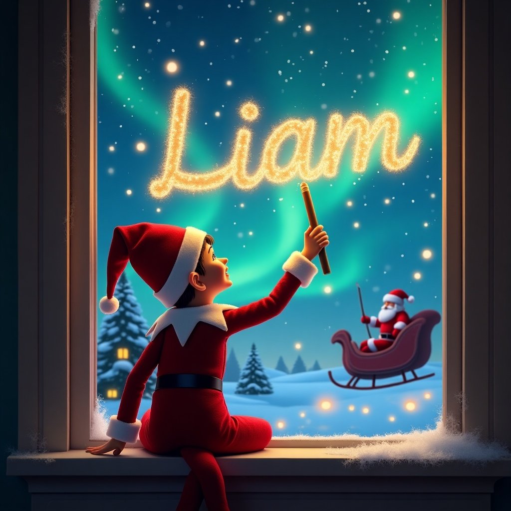 This enchanting image presents a whimsical scene of an elf sitting on a window ledge, gazing out at a magical night sky. The elf uses a wand to draw the name 'Liam' in sparkling letters, illuminating the dark with holiday cheer. The background showcases a beautiful display of northern lights and twinkling stars, enhancing the festive ambiance. In the distance, Santa Claus can be seen riding in his sleigh, adding a touch of traditional Christmas charm. The elf, dressed in a vibrant red outfit and pointed hat, embodies the spirit of the season with joy and wonder.