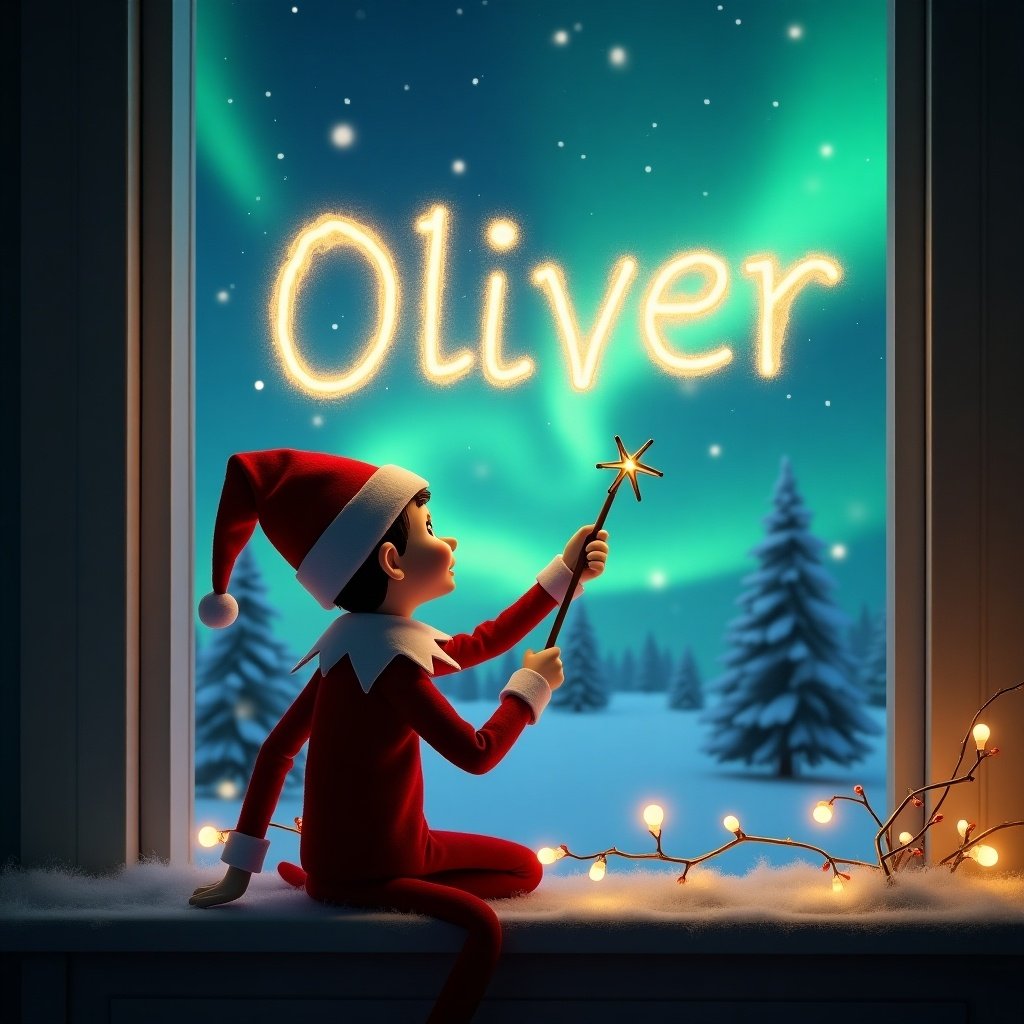 The image features an elf on the shelf, sitting with his back to the viewer. He is facing a beautiful night sky filled with northern lights. With a starry wand, he is elegantly crafting the name 'Oliver' in the air. The scene captures a magical Christmas atmosphere, complete with twinkling lights adorning the window. The background creates a whimsical holiday feeling, suggesting a cozy, festive setting.