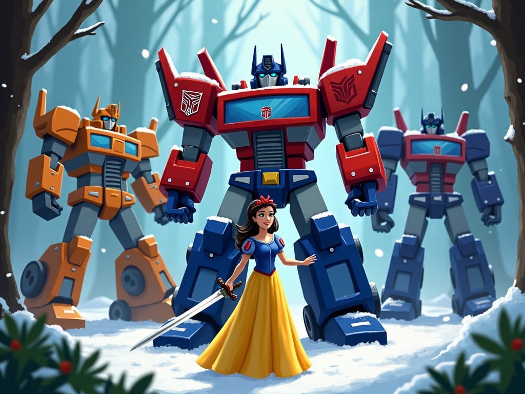 A fairytale character and a towering robot share an enchanting, surreal moment amidst a snowy battlefield at sunset.