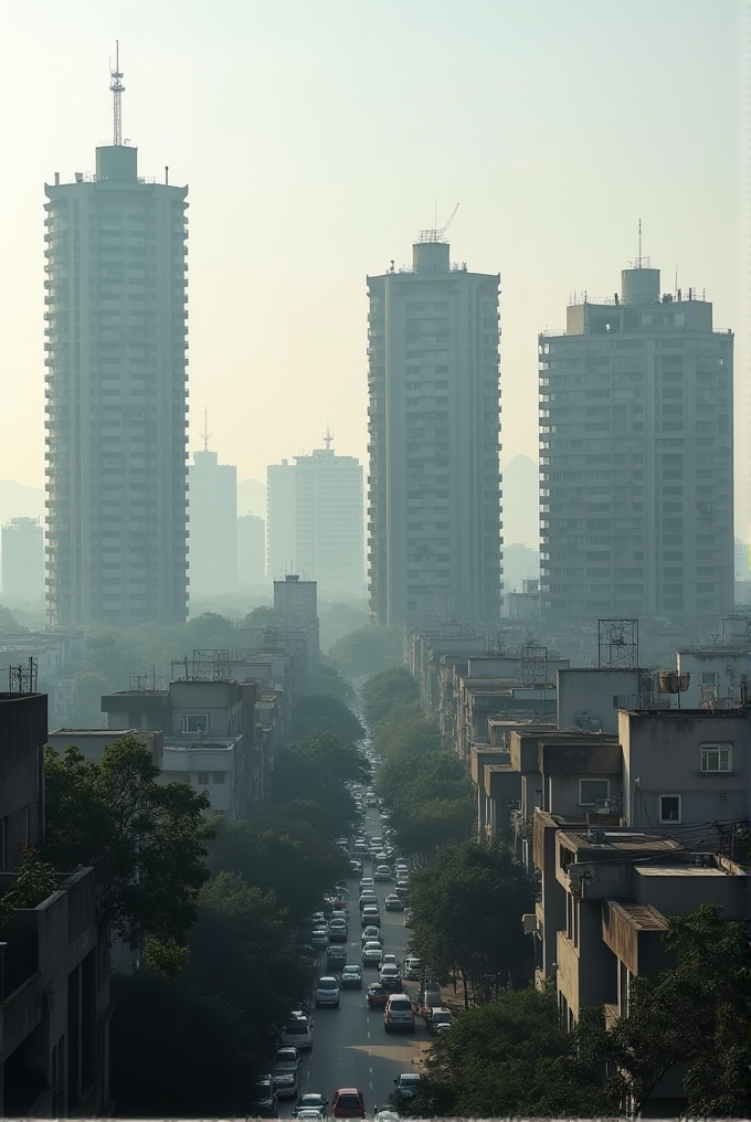 A view of a densely populated urban area with a straight, traffic-filled street flanked by tall buildings and a hazy sky.