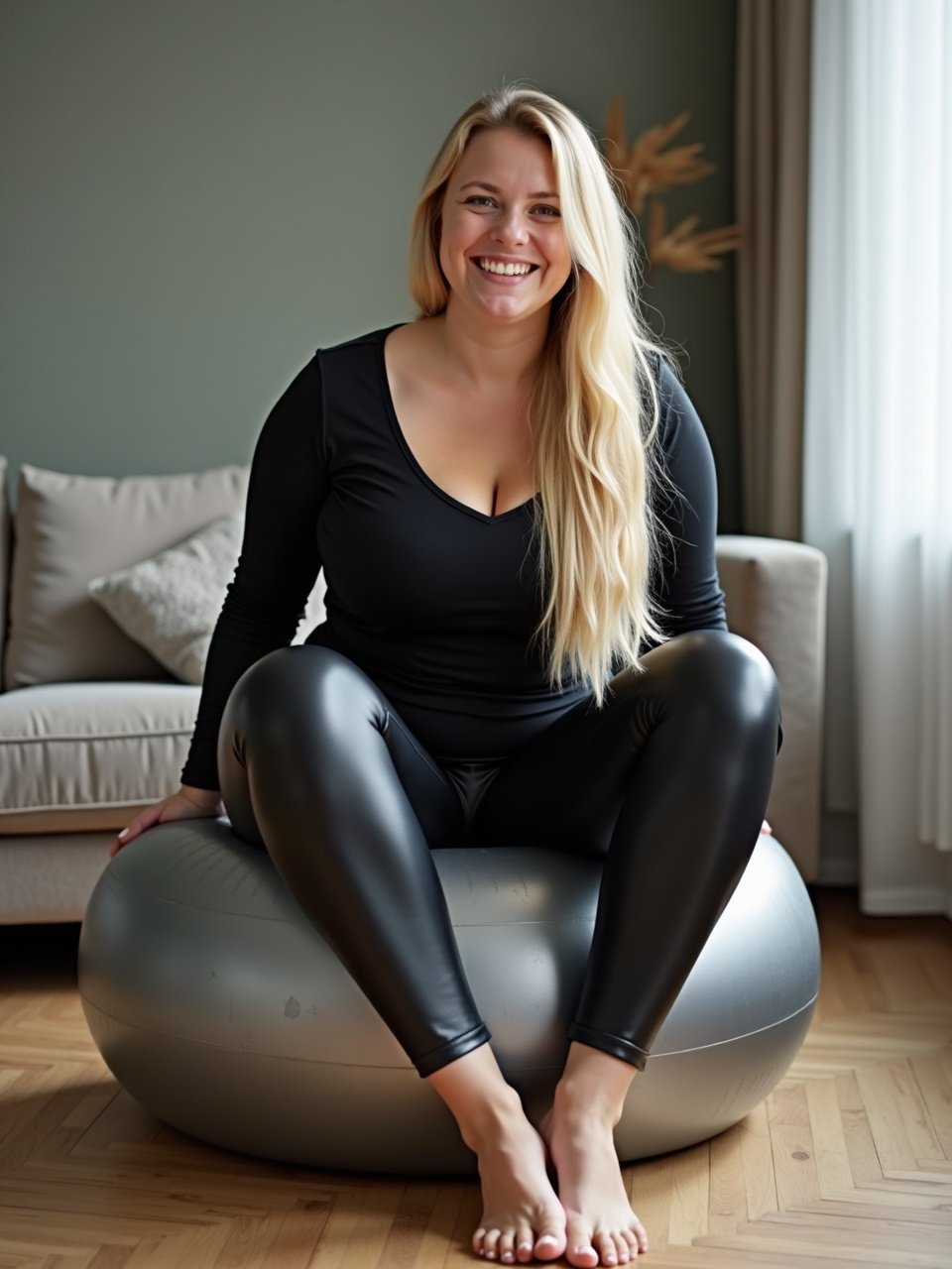 In a cozy Danish living room, a young woman is playfully sitting on a deflated shiny silver yoga ball. She wears tight black leather leggings and a simple black shirt. Her long blonde hair cascades over her shoulders as she smiles warmly. The room is decorated with soft furnishings, and there's a framed artwork on the wall. Lush green plants add a touch of color to the bright space.