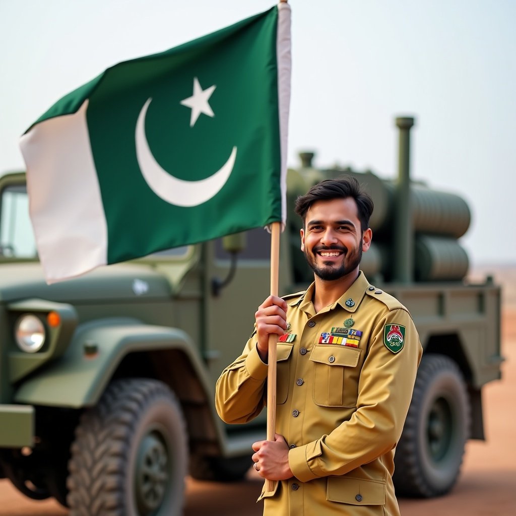 A smiling Pakistani soldier holding the national flag with an army vehicle in the background, set in a desert landscape, emphasizing pride and service.