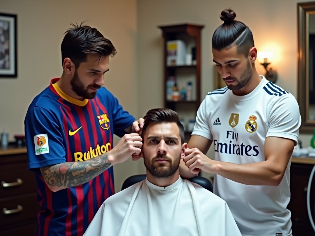 The image depicts a scene in a stylish barbershop where two men in sports jerseys are giving a haircut. One man, wearing a Barcelona jersey, is carefully styling the hair of his friend who is dressed in a Real Madrid jersey. The barbershop setting features wooden furniture and various grooming products in the background, contributing to a professional ambience. The lighting is soft and warm, enhancing the focus on the interaction between the two men. The expressions convey a sense of friendship and playful rivalry, highlighting the cultural aspects of sports and grooming.