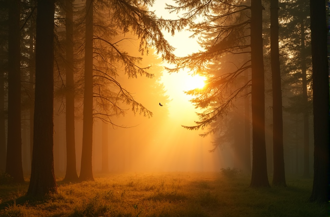 A serene forest scene with the sun casting warm golden rays through tall trees, creating a misty and magical atmosphere.