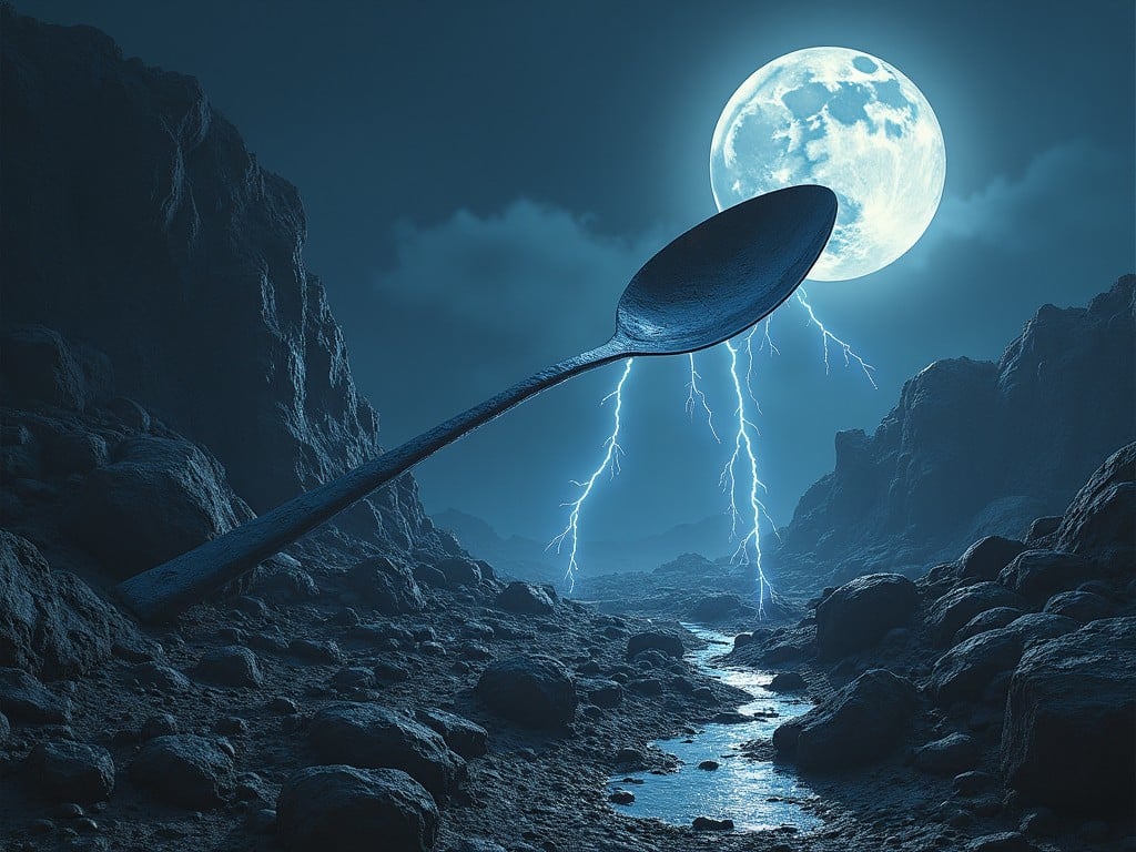 The image depicts a surreal nocturnal landscape featuring a gigantic metallic spoon looming in a rocky terrain. The scene is strikingly illuminated by a bright, full moon casting a silvery glow. Electric blue lightning strikes down towards the earth, enhancing the dramatic atmosphere. The terrain appears rugged and foreboding, adding to the otherworldly feel of the setting. This artwork conjures a sense of fantasy and imagination, leading the viewer to ponder its deeper meanings.