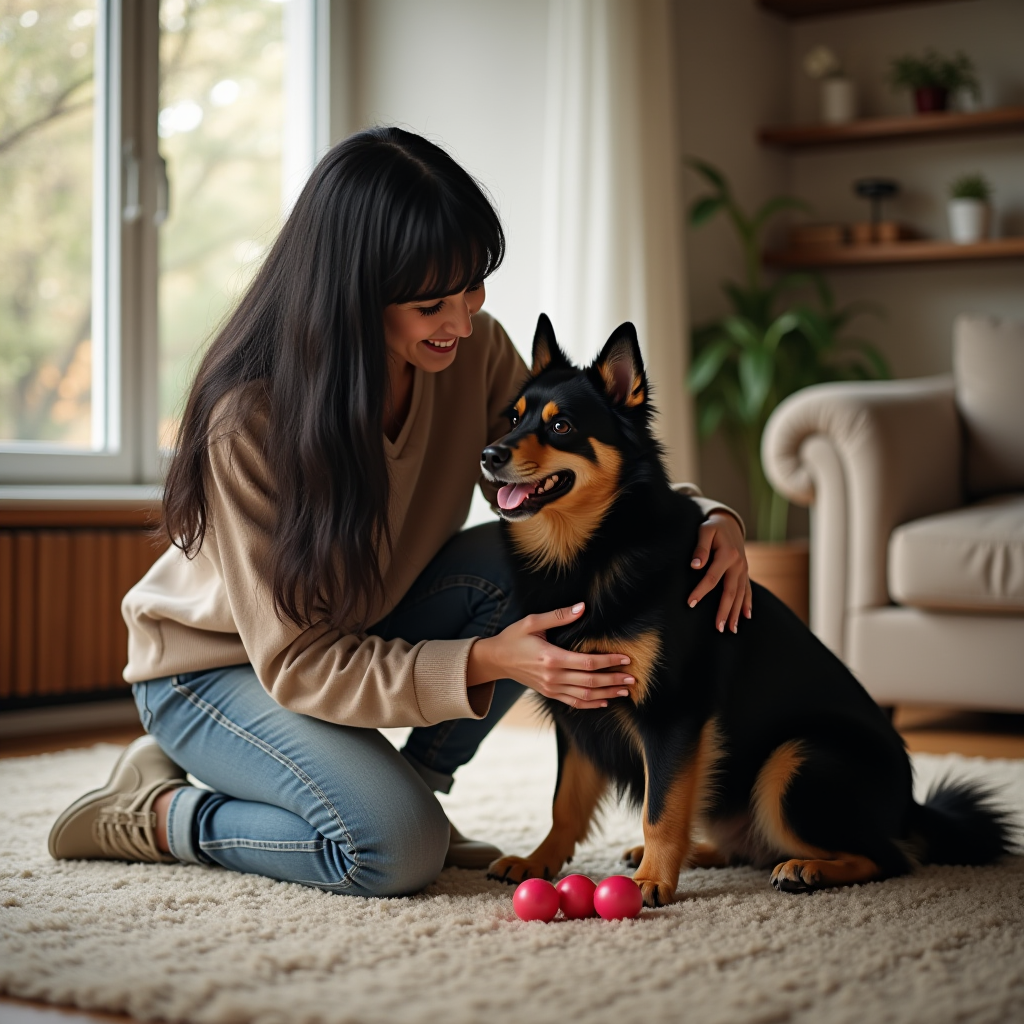 A woman kneels on a carpet, smiling at a dog with red balls nearby in a cozy room.