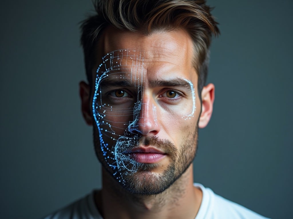 A portrait of a man with a digital overlay on half of his face displaying biometric data points, soft lighting, tech-focused theme