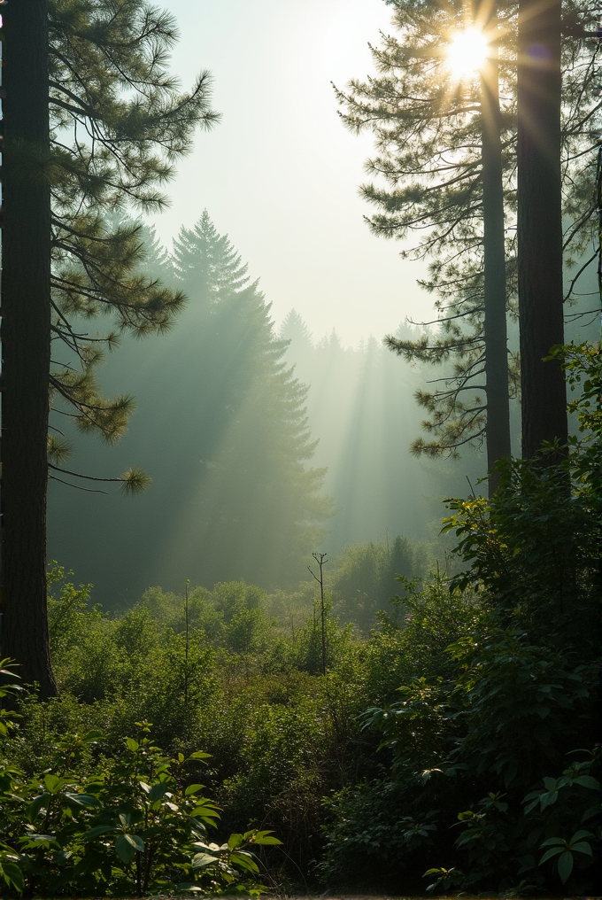 Sunlight filters through tall trees in a forest, casting beams of light onto lush green foliage.