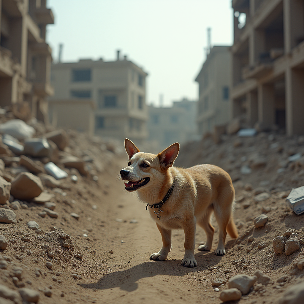 A small, tan dog stands confidently amidst the rubble and debris of a construction site or abandoned area.