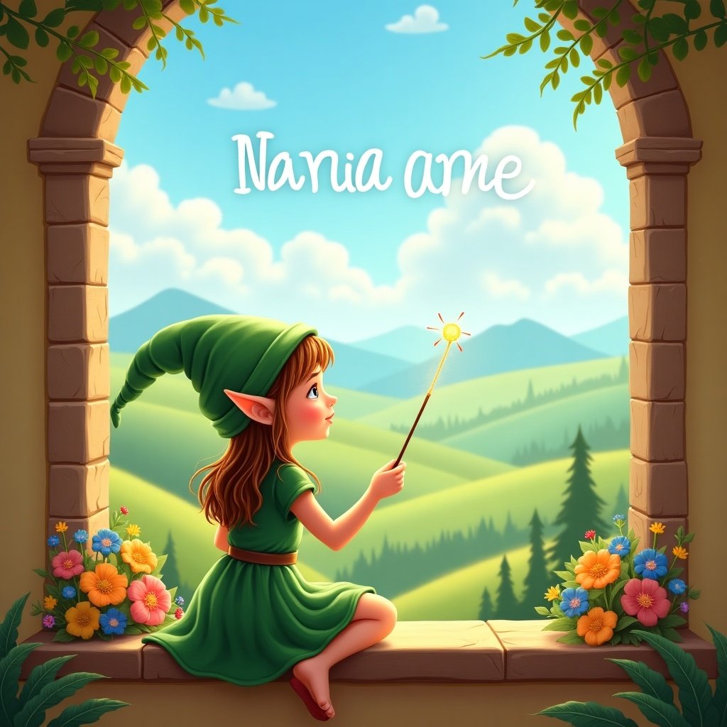 A cute girl elf named Maria sits on a window ledge, overlooking a beautiful landscape. She has pointed ears and wears a green dress with a matching hat. In her hand, she holds a wand that she uses to write her name in the sky. Colorful flowers decorate the ledge, adding to the magical atmosphere. The background showcases rolling hills under a bright blue sky filled with soft clouds. The scene radiates warmth and invites imagination, ideal for children's literature and fantasy art.