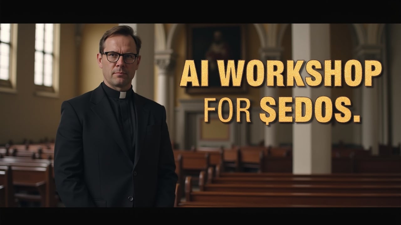 A clergy member in a church with text overlay 'AI WORKSHOP FOR SEDOS.'