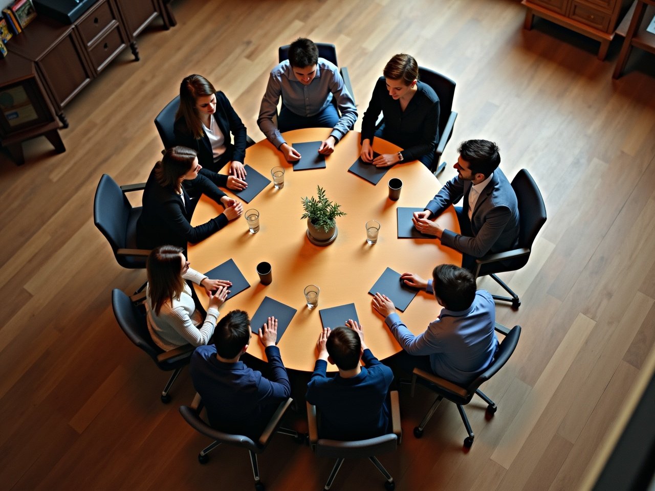 The image showcases a group of eight professionals seated around a circular table, viewed from above. They are engaged in a business meeting, with a focus on collaboration and discussion. The setting is a modern office with natural wood flooring and minimalistic furnishings. Each participant has a digital device in front of them, emphasizing a contemporary work environment. The warm lighting adds a welcoming atmosphere to the meeting scenario.