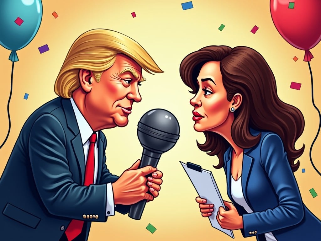 Create a colorful cartoon illustration featuring Donald Trump and Kamala Harris engaged in a lively conversation. Trump holds a microphone as he faces Harris, who is prepared with a clipboard in hand. The background is festive with balloons and confetti, emphasizing a celebratory atmosphere. Both characters are exaggerated in style to enhance their recognizable features. The setting suggests a lively media event, combining elements of humor and political commentary. Use bright colors to bring energy to the scene and create an engaging visual impact.