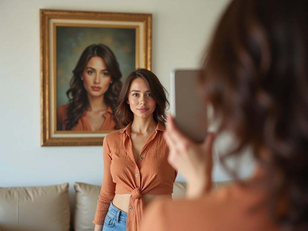 A young woman stands in a cozy living room, taking a selfie with her smartphone. Behind her, a beautiful portrait of herself hangs on the wall, adding a touch of elegance to the space. She is dressed in a stylish, warm-toned outfit that complements the interior. The lighting is soft and natural, creating a warm atmosphere. The scene conveys confidence and reflects a sense of personal style and artistic appreciation.