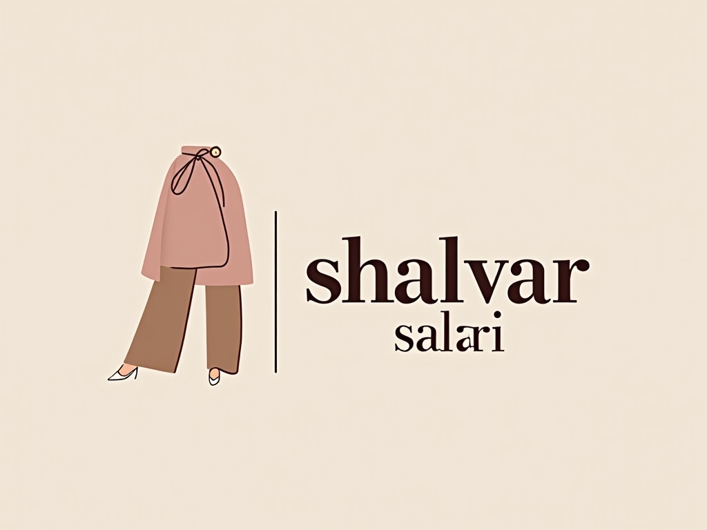 This image showcases a fashionable illustration of shalvar and salari garments. The design features a muted color palette with beige and brown tones. It emphasizes simplicity and elegance in presentation. The styles reflect traditional yet modern trends, appealing to a contemporary audience. The overall aesthetic is clean and minimalist, perfect for branding in the fashion industry.