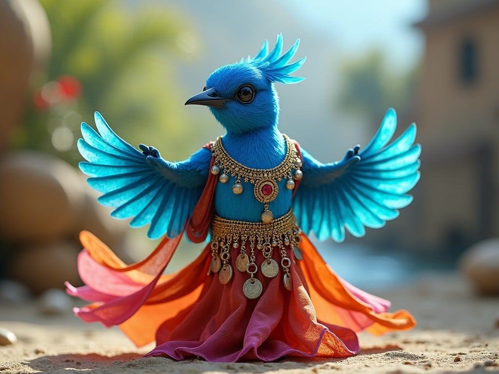 The image features a whimsical blue bird dressed in an elaborate costume, showcasing its majestic wings spread wide. The bird is adorned with colorful textiles and intricate jewelry, suggesting a regal presence. The background is softly blurred, allowing the bird to be the focal point of the scene. This visual evokes a sense of fantasy, creativity, and vibrancy. The lighting is warm and inviting, enhancing the bright colors of the bird's attire and surroundings.