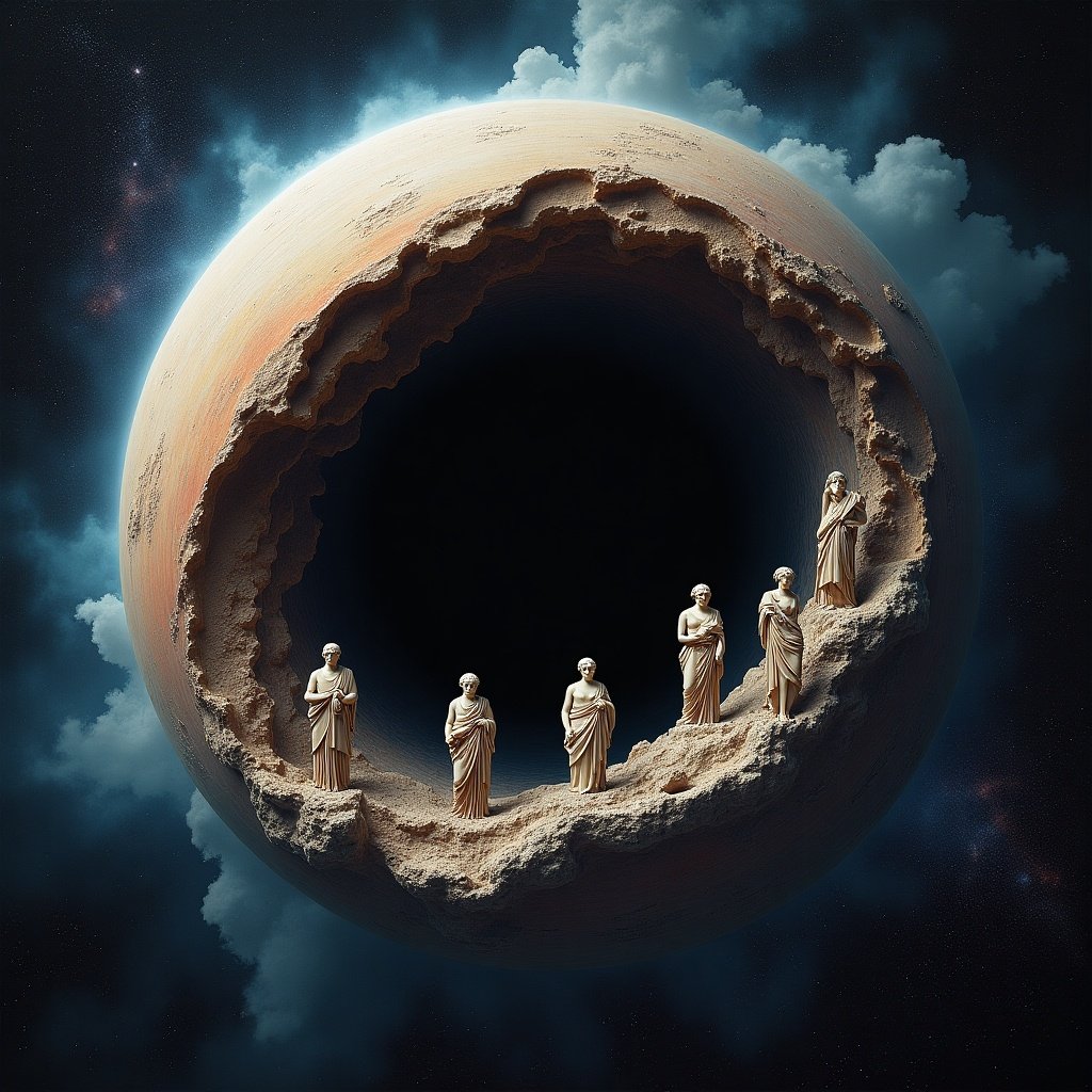 The image depicts a cosmic scene featuring a black hole that appears to be sucking in a planet. Surrounding the black hole are several Greek statues, symbolizing historical wisdom and culture. The planet's surface is rugged and textured, hinting at its destruction and transformation. Wispy clouds in the background create a contrast between the serene statue figures and the chaotic black hole. This artwork combines elements of mythology and space to evoke a sense of wonder and introspection about the universe.