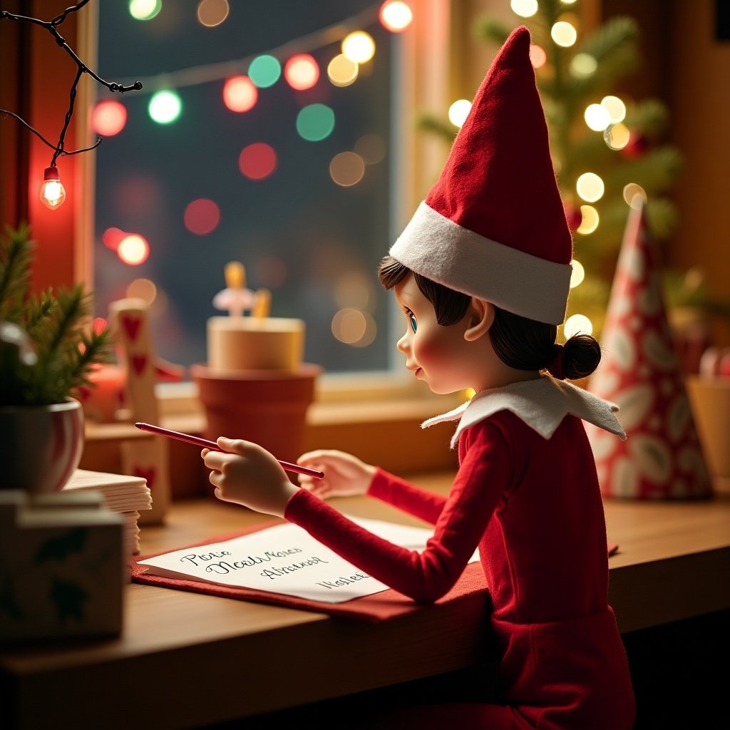 An enchanting Christmas scene featuring an elf on the shelf, who is in Santa’s workshop with her back to the viewer. The elf is dressed in red and white, wielding a magic wand as she writes 'Preslee and Magnolia’ on Santa’s nice list. The backdrop is adorned with multi-colored Christmas lights that enhance the magical ambiance. This festive scene portrays the spirit of Christmas with a whimsical twist. The elf's position and action create a sense of wonder and excitement that captures the joy of the holiday season.