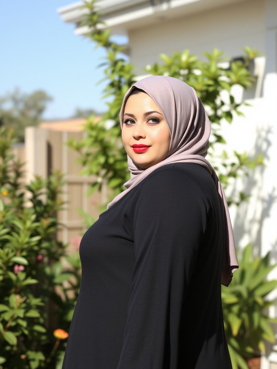 A woman wearing a hijab, standing in a garden, with plants and a building in the background, under bright sunlight.