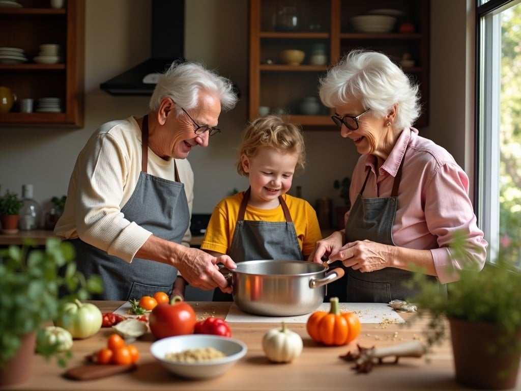 A heartwarming scene of a family cooking together in a cozy kitchen. The image features two elderly grandparents, a man and a woman, alongside their cheerful grandchild. They are preparing a meal with a pot in front of them, filled with ingredients. The grandparents are wearing aprons, and the child is eagerly participating in the cooking process. Sunlight streams through the window, adding a warm glow to the moment. There's a variety of vegetables on the table, emphasizing the idea of fresh cooking. This scene encapsulates the joy of sharing family recipes across generations.