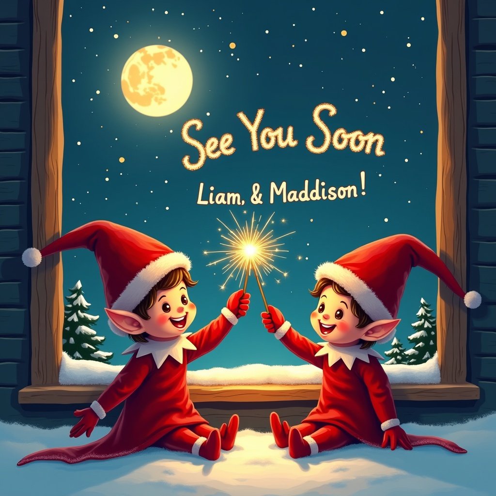 This illustration features two charming elves seated by a window at night. The elves are dressed in a delightful red outfit and wear pointy hats. Joyfully, the elves use a sparkler to write 'See You Soon' in the starry night sky. Below, the names 'Liam, & Maddison' are artistically displayed. The warm light inside creates a cozy ambiance, enhancing the festive feel. A bright moon shines outside, completing the enchanting winter scene.