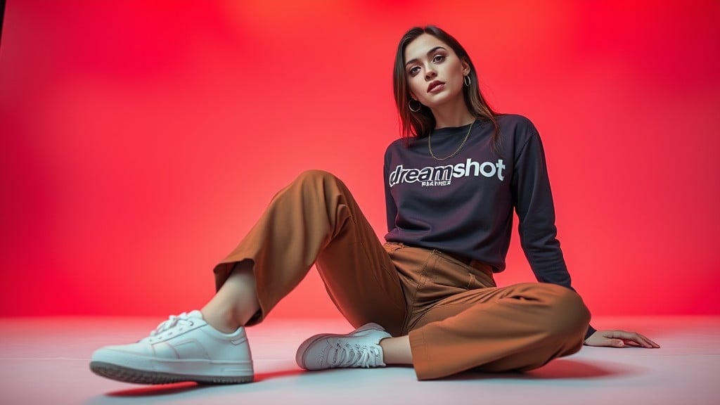 A stylish woman sits confidently against a vibrant red background, wearing casual fashion.