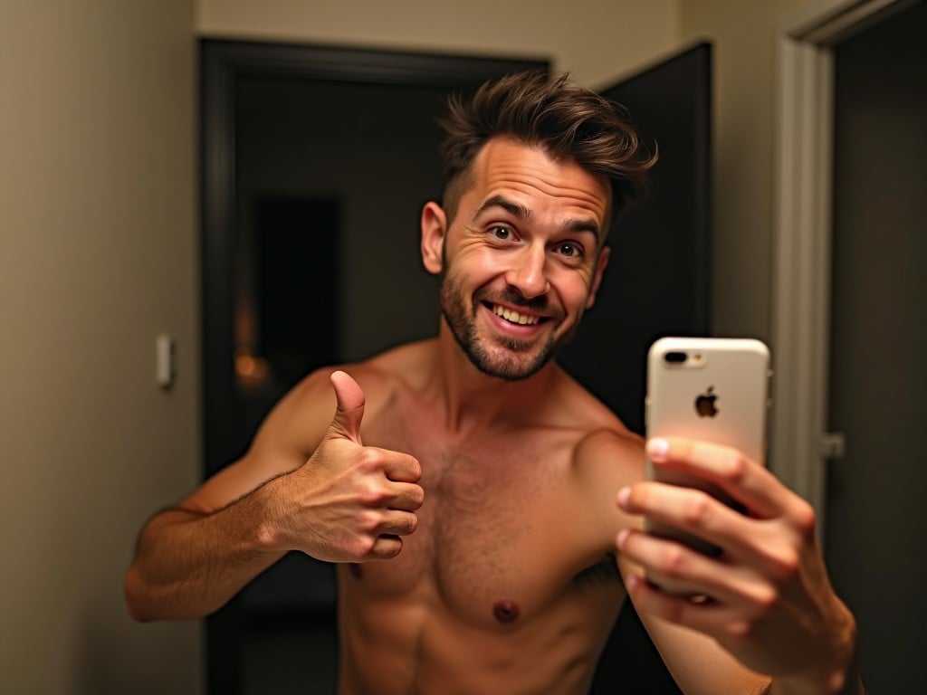 A person takes a selfie in their bathroom at night. They hold their phone up, showcasing a thumbs up with one hand. The warm lighting illuminates their face. In the background, an open bathroom door reveals a dark bedroom. The atmosphere is casual and friendly. This image captures a moment of confidence and positivity, perfect for social media sharing.