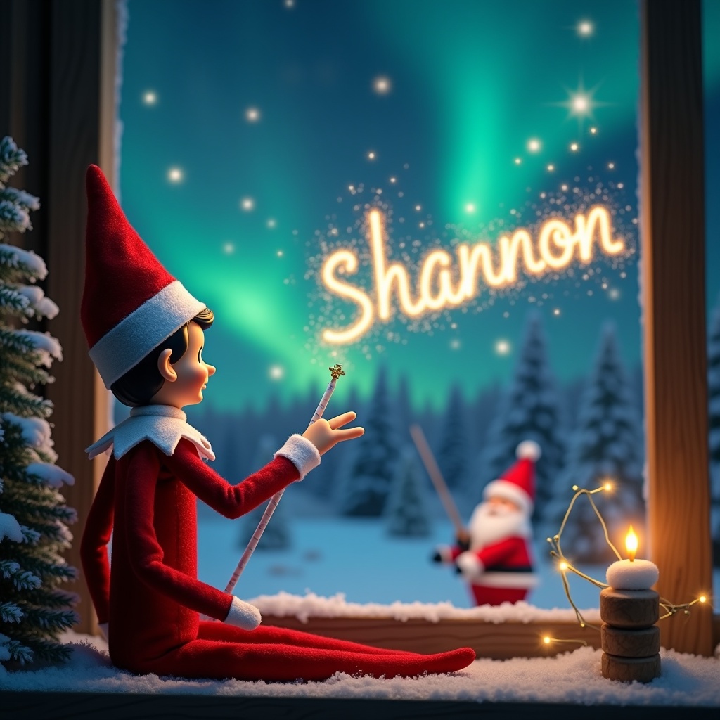 This image depicts a joyful Christmas scene featuring an elf on the shelf. The elf, facing the sky, uses a wand to magically write the name 'Shannon' in sparkling light. In the background, enchanting northern lights illuminate the night sky, adding a vibrant touch. Santa Claus is visible, adding to the festive atmosphere. The setting also includes snow-covered trees and twinkling lights to enhance the cheerful mood.