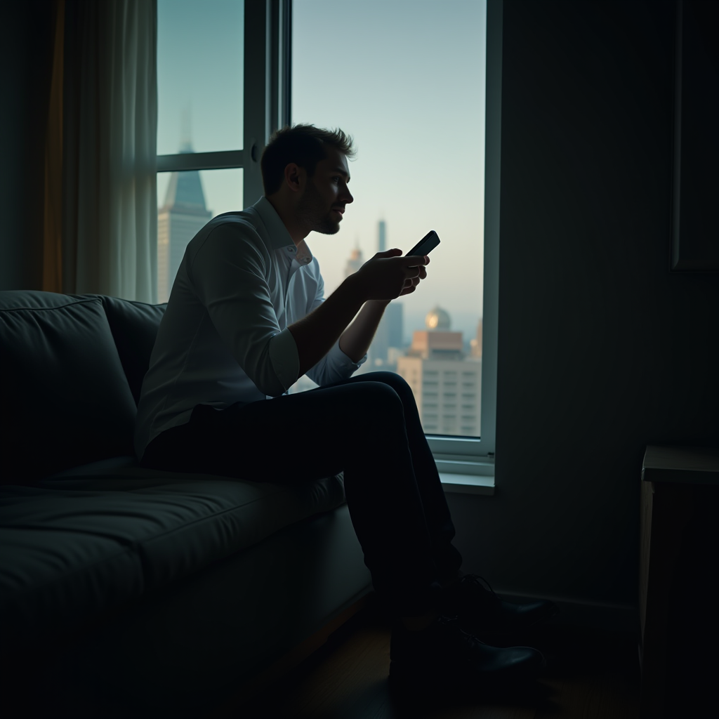 A person sits on a couch, silhouetted by soft city skyline light outside the window, focused on their phone.