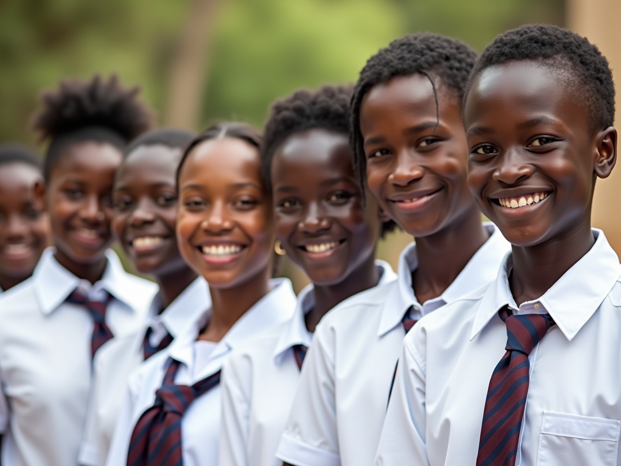 The image showcases a group of young students standing closely together, all wearing matching white shirts and navy blue ties. They are smiling brightly, exhibiting a sense of joy and camaraderie. Their varied hairstyles reflect a blend of individual styles while maintaining a sense of unity. The background is blurred, focusing on the students' expressions. It's a sunny day, adding warmth to the scene and enhancing the positivity of the moment. The overall mood is cheerful and vibrant, ideal for representing youth in education.