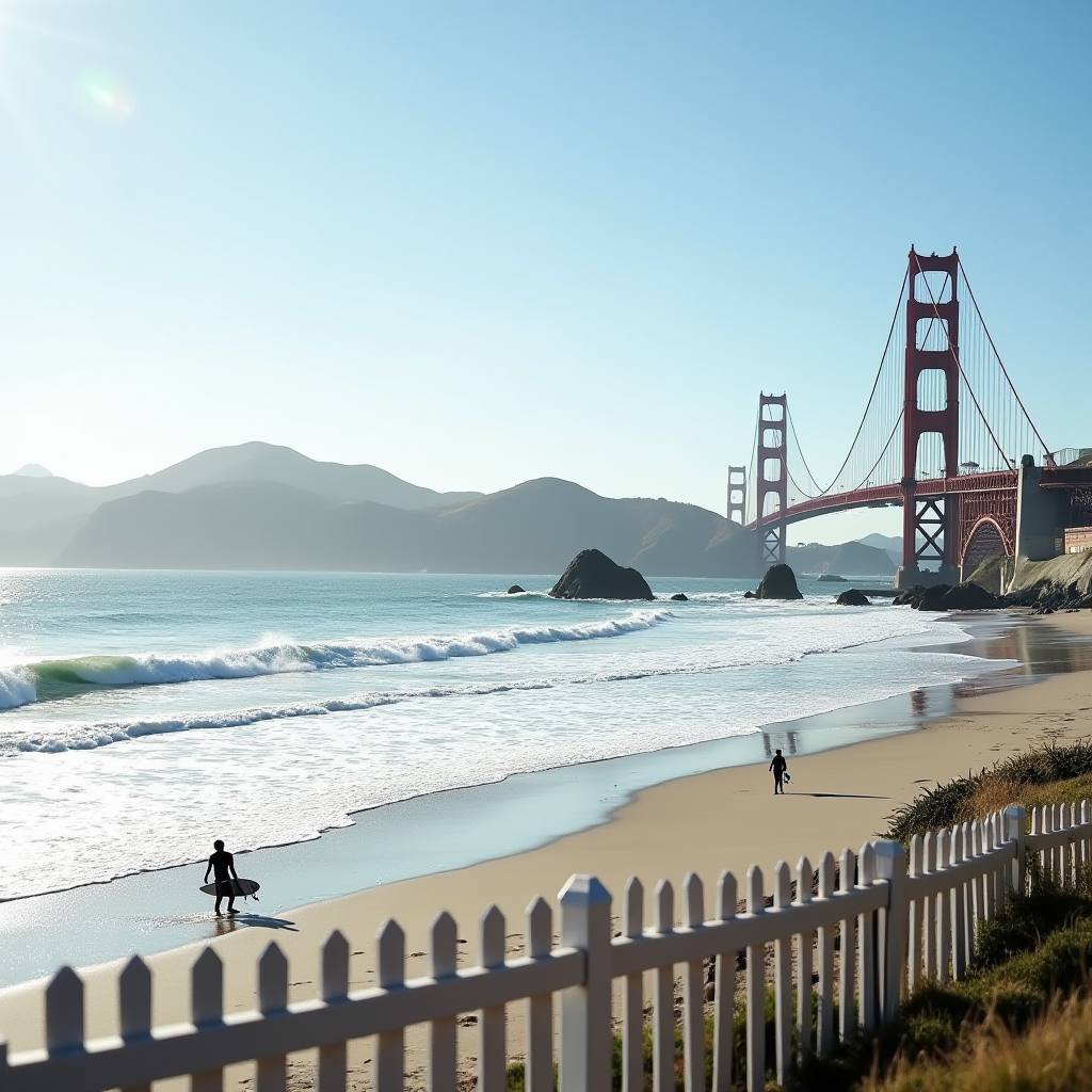 A serene view of a beach with surfers, framed against the iconic Golden Gate Bridge in the background.