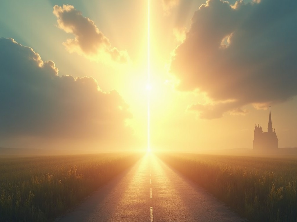 The image showcases a serene road disappearing into the horizon under a breathtaking sunrise. The sun is a striking golden orb, casting beams of light across the coming day. Fluffy clouds scatter across the sky, reflecting the warm colors of the sunrise. To the right, a silhouetted church with a prominent steeple stands peacefully beside the road. The landscape is lush and green, adding to the feeling of tranquility and hope. The overall vibe evokes a sense of journey and renewal, inviting viewers to contemplate their own paths in life.