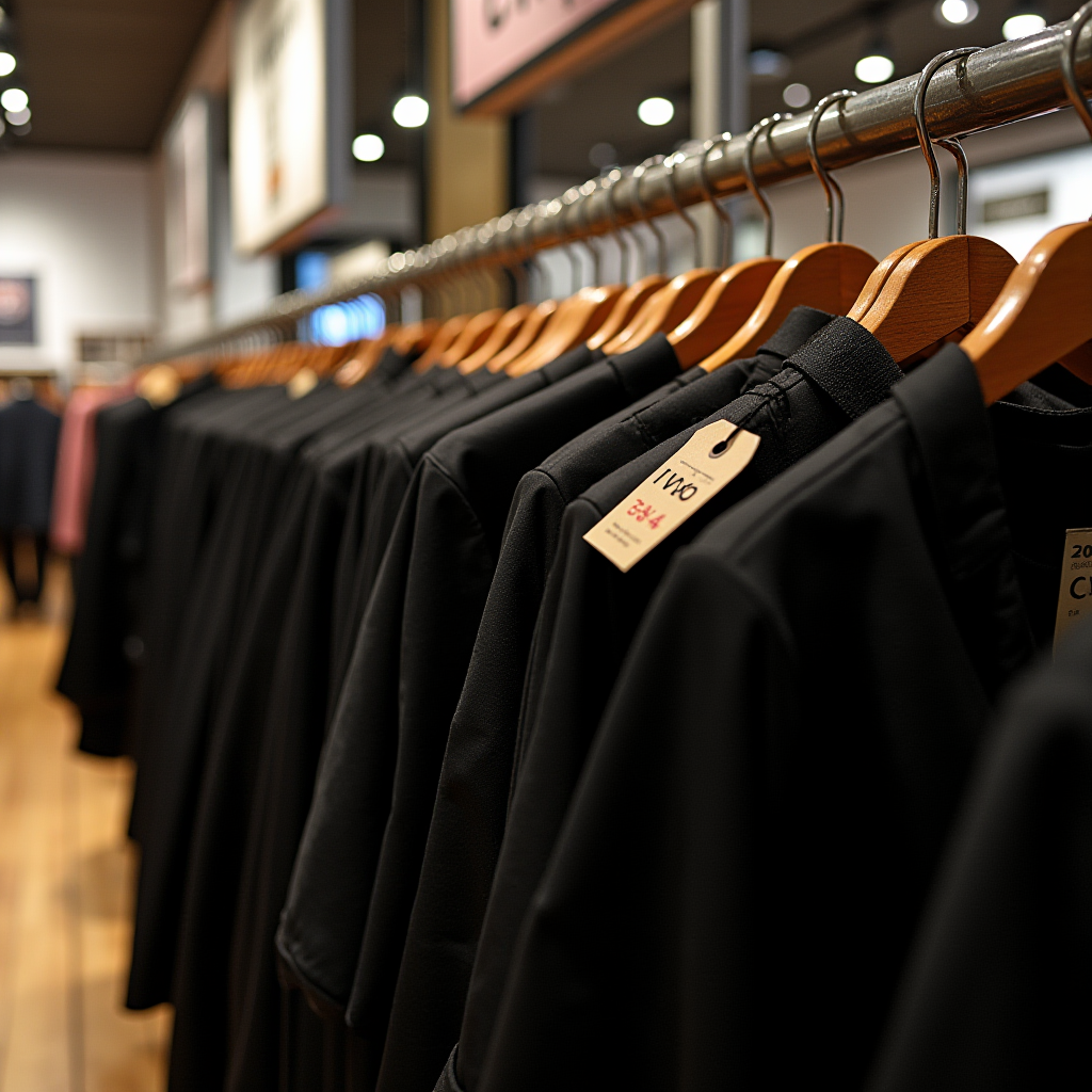 A row of black coats neatly hung on wooden hangers in a stylish clothing store, illuminated by warm lighting.