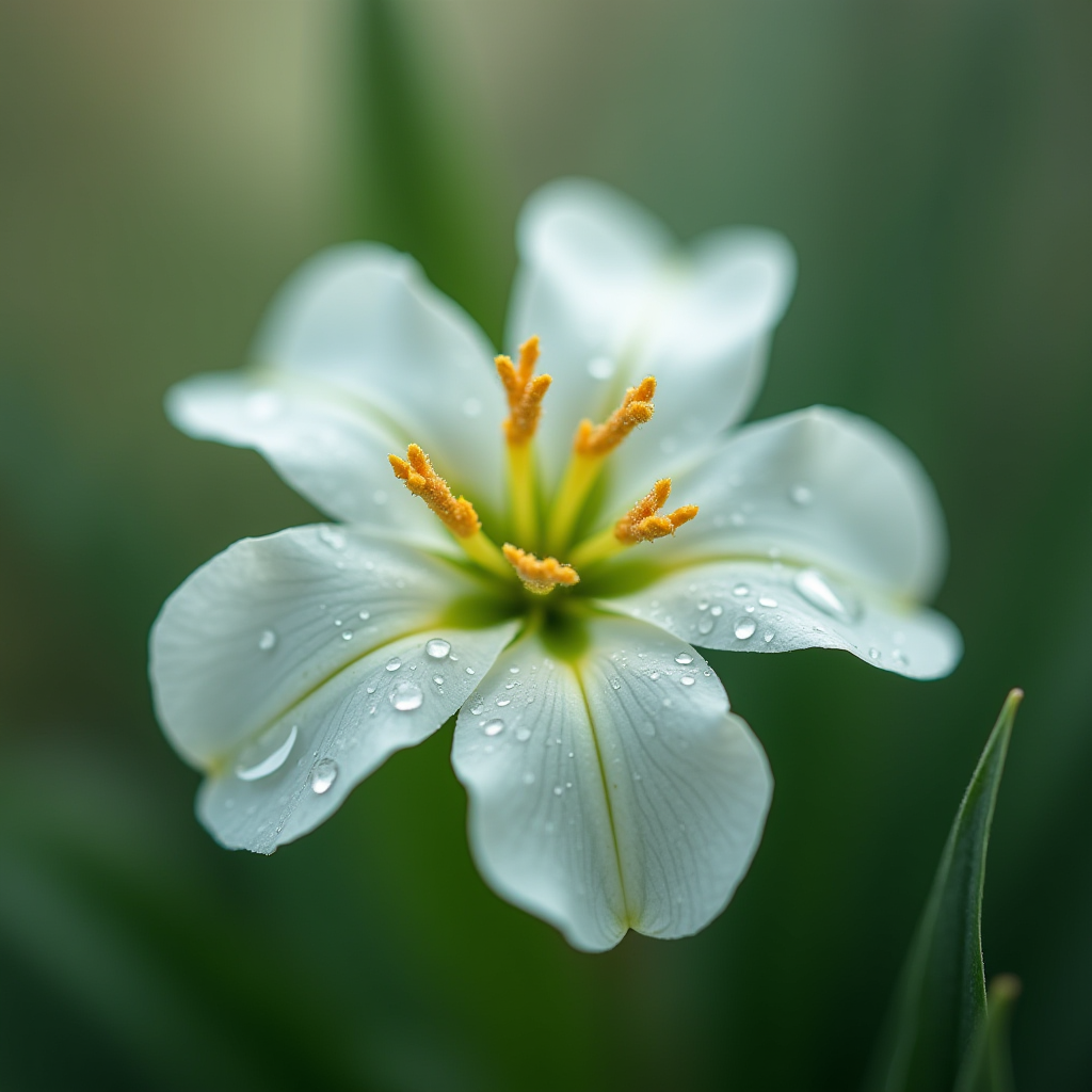 The image features a white flower in full bloom, captured in vivid detail. The flower has six delicate petals, each adorned with small droplets of water, likely dew. The petals are slightly curved, creating a soft and elegant appearance. In the center of the bloom, bright yellow stamens provide a striking contrast to the pure white petals. The background is a soft, blurred green, likely leaves or grass, which emphasizes the flower's delicate features and adds to the serene, natural atmosphere of the image.