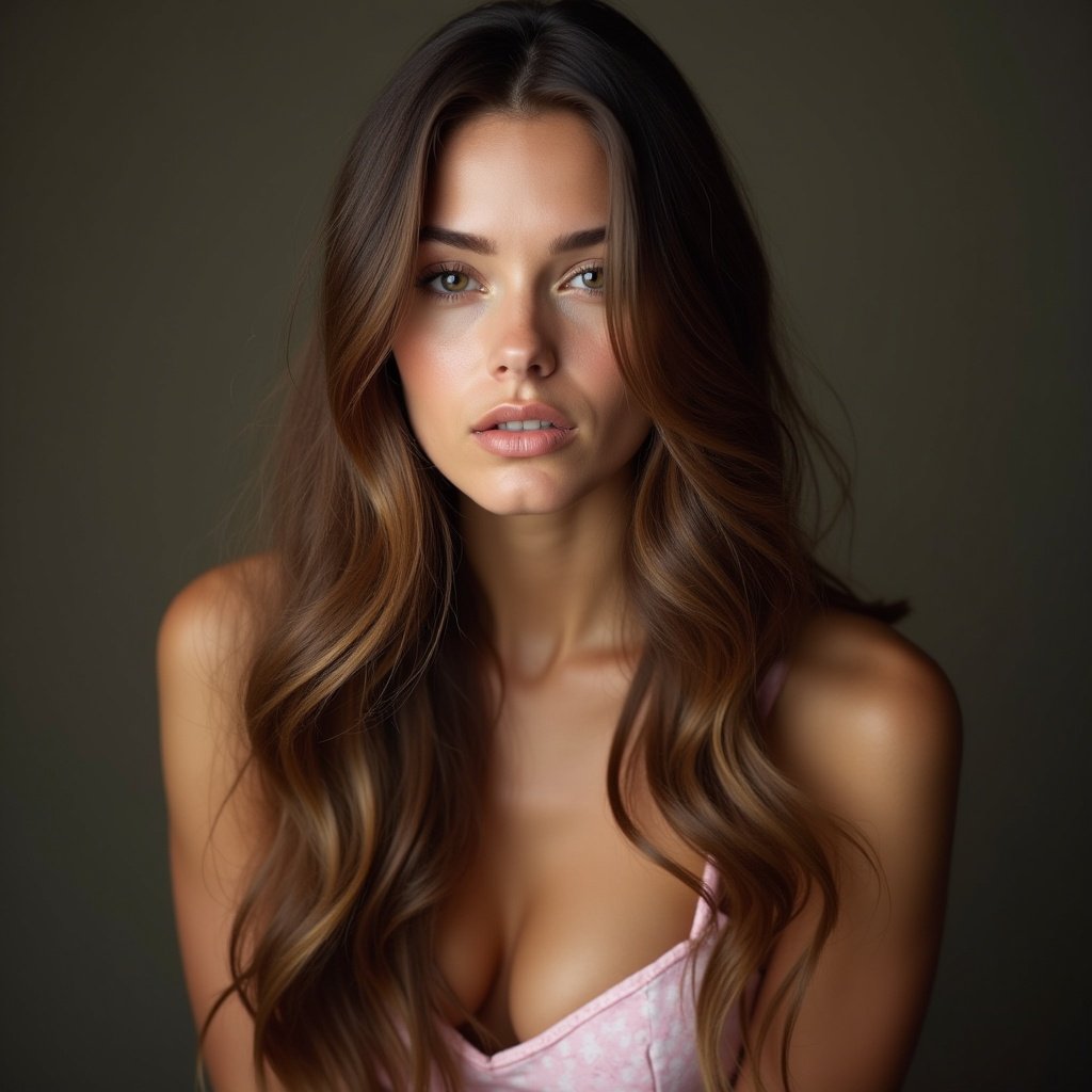 The image features a beautiful woman with long hair cascading over her shoulders, emphasizing her natural beauty. She has a poised expression that captivates the viewer's attention. The soft lighting enhances her flawless skin tone and the rich tones of her hair. Dressed in a delicate pink top, she exudes elegance and approachable charm. The background is muted, ensuring the focus remains entirely on her. It's a stunning portrait ideal for beauty and fashion contexts.