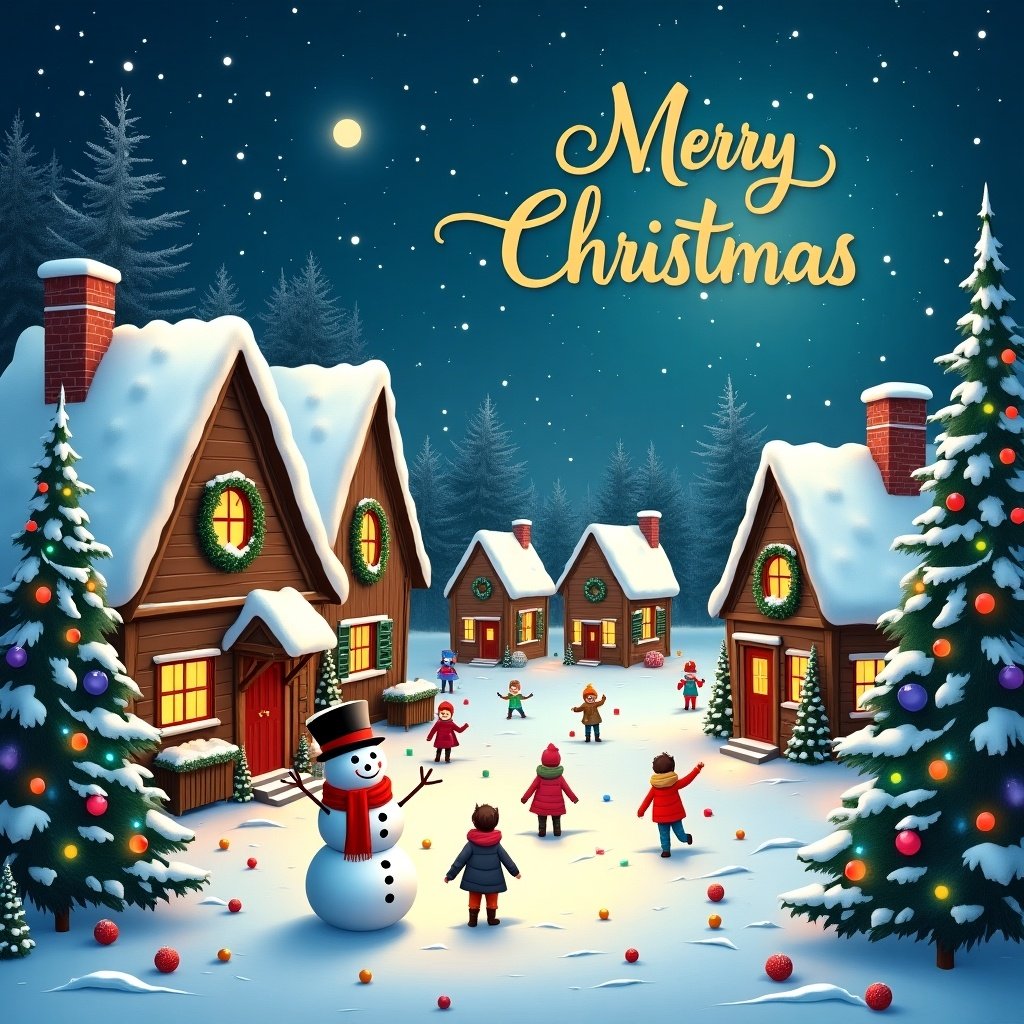 A picturesque Christmas card design featuring a snow-covered village at night. Cozy cottages with warm glowing lights are decorated with holiday wreaths and garlands. The starry sky and bright moon create a magical atmosphere over the snowy landscape. In the foreground, a cheerful snowman with a red scarf and top hat captures the joy of winter. Surrounding the snowman, children are happily playing and enjoying the festive atmosphere. Christmas trees adorned with colorful ornaments and twinkling lights add to the charm of this winter wonderland. The words 'Merry Christmas' are elegantly scripted at the top to complete the scene.