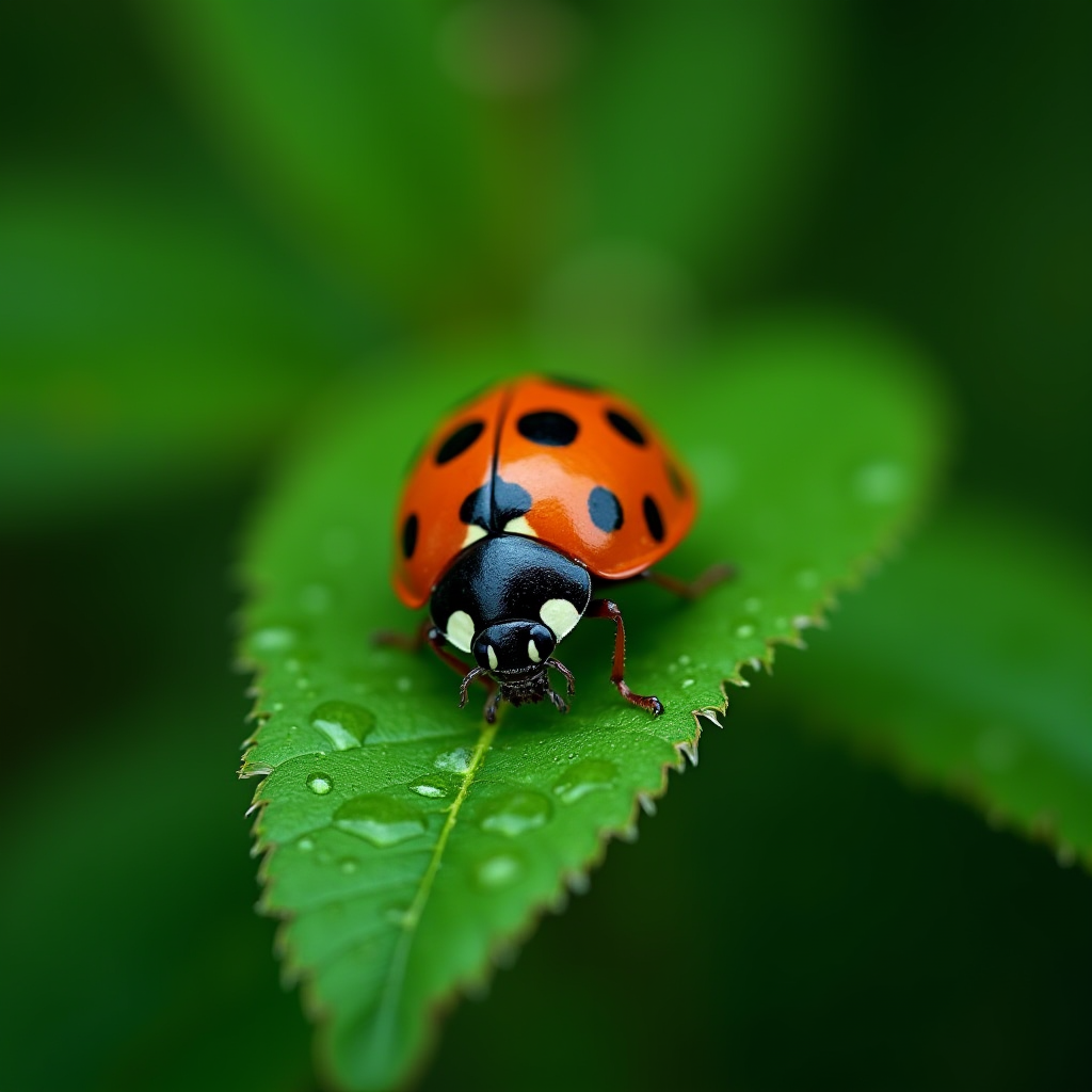 A close-up image of an orange ladybug with black spots and a shiny black head, resting on a vibrant green leaf dotted with water droplets.