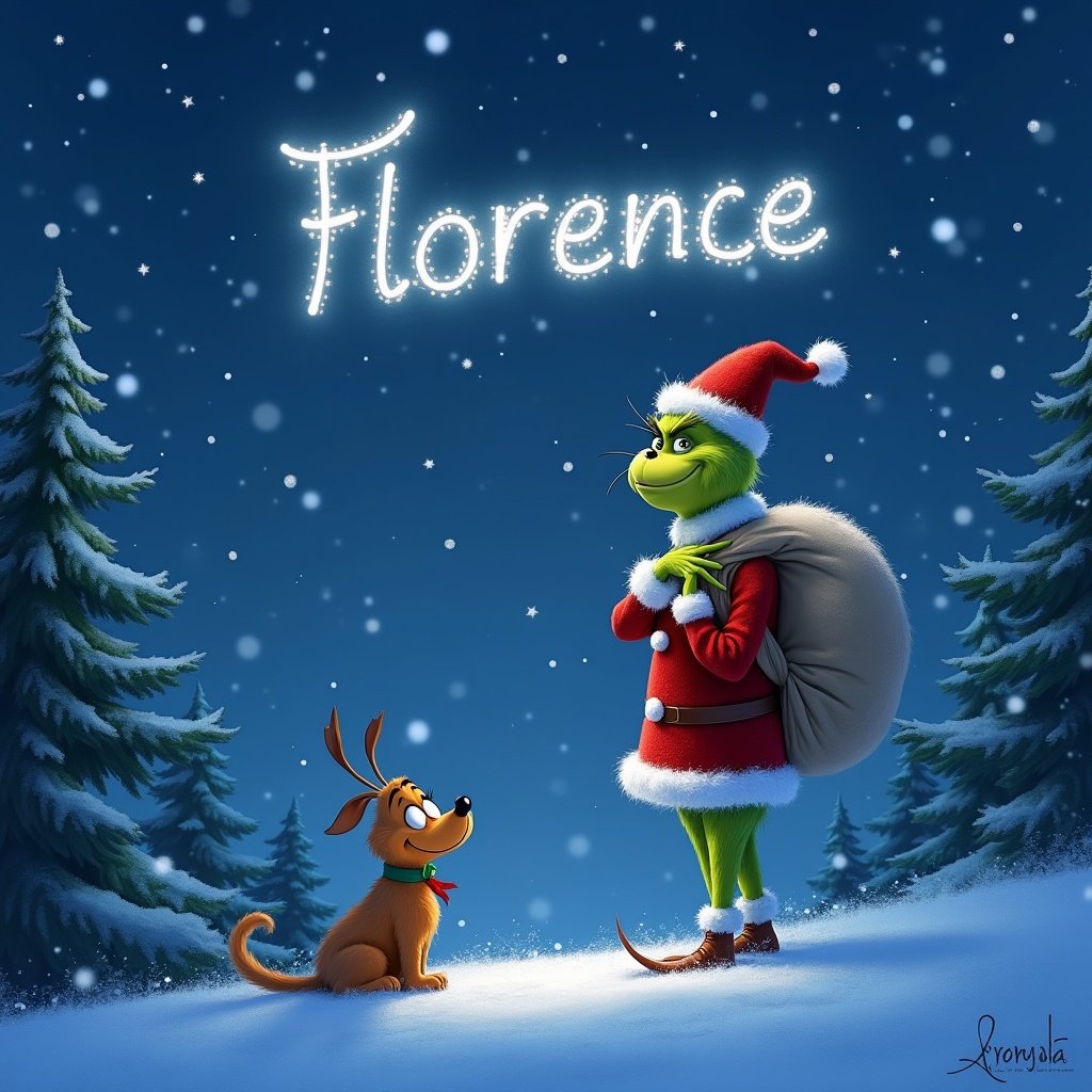 A Pixar-themed Grinch stands in a snowy landscape, writing the name 'Florence' in the night sky with a magical light. He is clad in a festive red suit with white trim and carries a large sack on his back. His companion, the dog Max, is smiling beside him. The background features a starry night sky filled with sparkling stars. Snowflakes gently fall, creating a beautiful holiday scene. Surrounding pine trees enhance the winter wonderland feel.