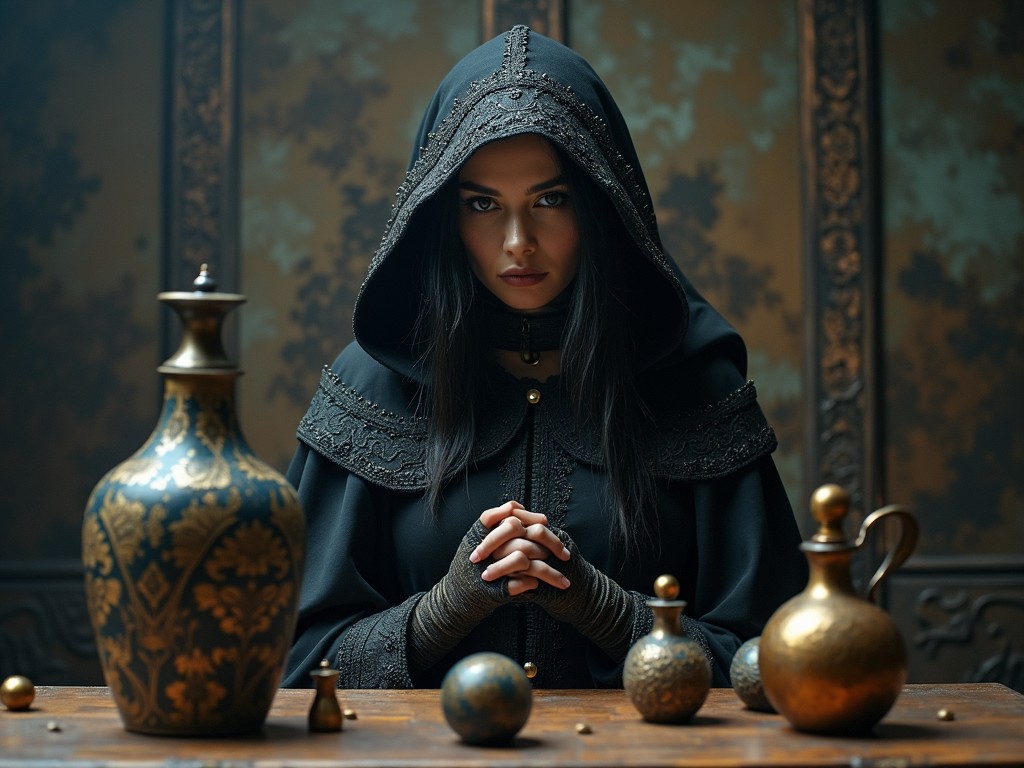 A mysterious woman sits in an ornately decorated room, wearing a beautifully designed black hooded cloak. She is positioned at a table filled with various antique decorative bottles and round objects. The atmosphere is misty and shadowy, enhancing the enigmatic feel of the scene. Her hands are clasped together, suggesting secrecy or contemplation. The intricate patterns on the bottles and the soft light create an alluring contrast against the dark cloak. The background is styled to evoke a sense of ancient mystery, inviting viewers into a fantasy world.