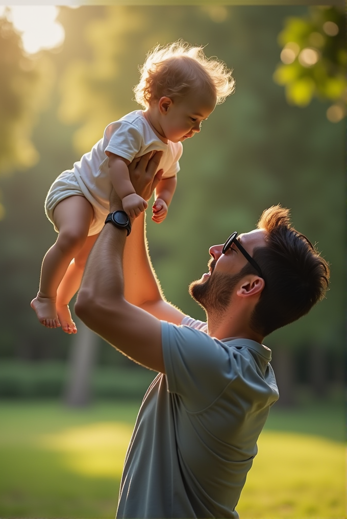 A man playfully lifts a baby in a sunlit park.