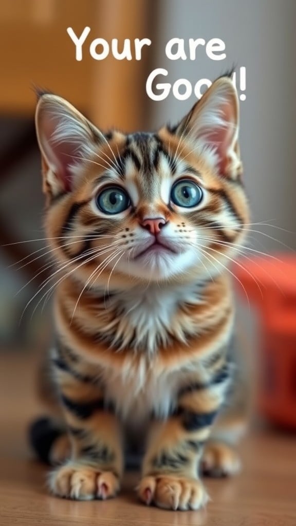 A cute tabby kitten with big eyes sits with a message saying 'Your are Good!'.