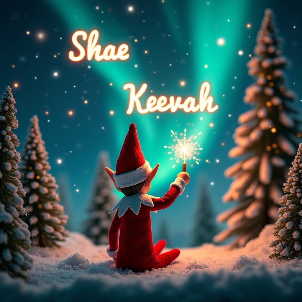 An enchanting Christmas scene depicts a playful elf on the shelf. The elf, dressed in traditional red and white, faces the sky with its back to the viewer. It wields a magic wand, creating glowing words 'Shae' and 'Keevah' in bright script above. The backdrop features stunning northern lights, infusing the scene with color and a magical ambiance. Surrounding the elf are snow-covered trees adorned with twinkling lights, enhancing the festive atmosphere.