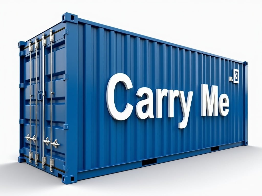 A blue shipping container with the text 'Carry Me' on the side, in a stylized and bold font, set against a plain background.