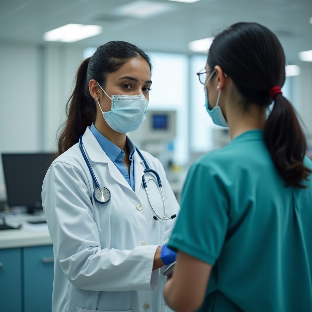 In a clinical setting, a doctor in a white coat, wearing a stethoscope and a mask, is seen engaging in a serious discussion with a nurse dressed in green scrubs. The environment suggests a hospital or medical facility, with medical equipment visible in the blurred background. The lighting is bright and clinical, adding to the professional atmosphere of the scene.