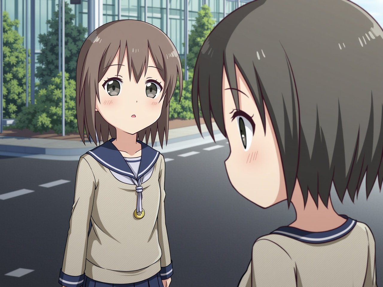 The image depicts a young anime character standing on a city street. She wears a beige sailor-style uniform with a blue trim and a necklace. Her expression is a mix of curiosity and hesitation as she looks at her reflection. The background features a modern urban environment with greenery, adding depth to the scene. This illustration captures the essence of youth and exploration. The character appears innocent and reflective, making viewers empathize with her situation.