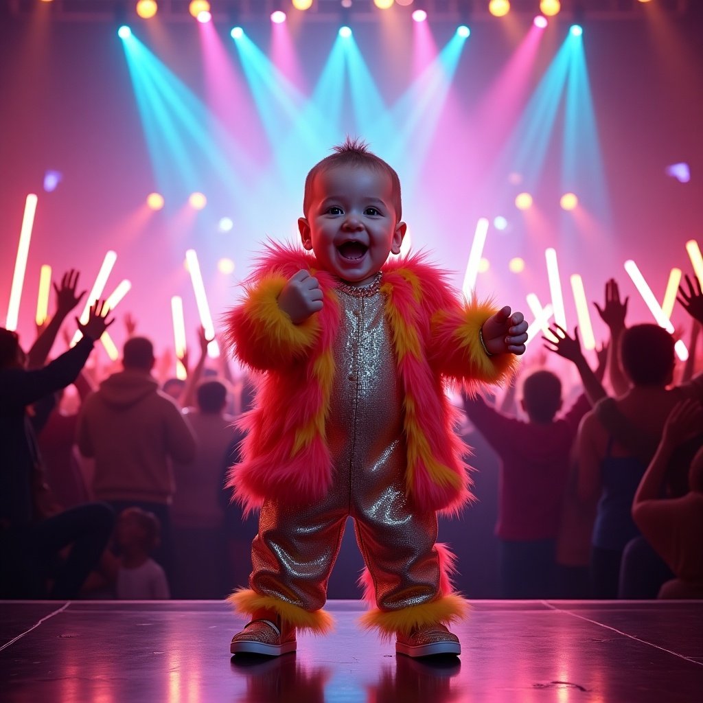 A full-length shot of an adorable chubby baby as a superstar singer on stage. The baby is dressed in a dazzling outfit with sequins and colorful feathers. They radiate confidence while singing and dancing under vibrant stage lights. The packed venue is filled with excited fans waving glowing sticks. The atmosphere is electric, with clapping and cheering from the crowd. The baby's expressive joyful face captivates everyone with charisma. This highly detailed, hyper-realistic scene captures the energy of a monumental performance.