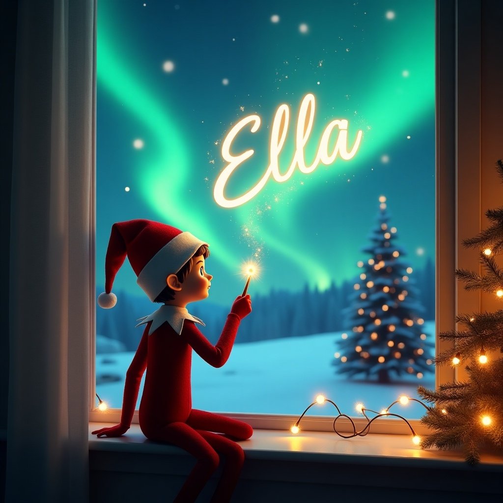 This enchanting image captures a Christmas scene with an elf on the shelf sitting by a window. The elf, dressed in a red outfit and festive hat, observes the stunning northern lights. Using a magic wand, he conjures the name 'Ella' in glowing script above him. Outside, a snowy landscape and a beautifully lit Christmas tree add to the festive atmosphere. Soft lights twinkle around the elf to emphasize the magical quality of the scene. The overall portrayal evokes feelings of holiday joy and wonder.