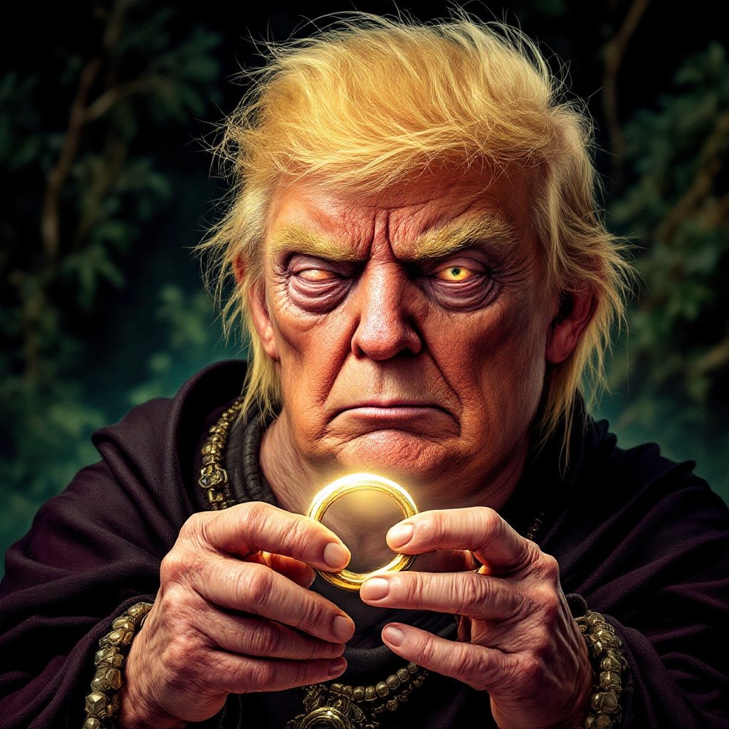 The image depicts a character reminiscent of Gollum from The Lord of the Rings, but with the face of a contemporary political figure. The character holds The One Ring, referred to as 'His Precious,' emphasizing the ring's significance. The setting has a dark, forest-like background with dramatic lighting. The expression is intense, reflecting obsession and desire. This blend creates a striking visual commentary on politics and fantasy.